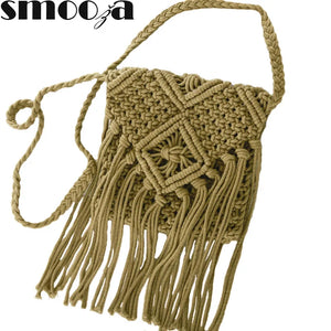 Straw Shoulder Bag Cotton Rope Hollow Woven Tassel Bag