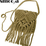 Straw Shoulder Bag Cotton Rope Hollow Woven Tassel Bag