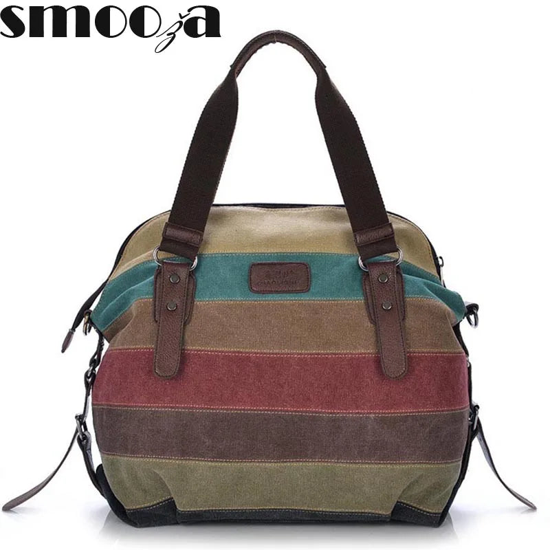 Rainbow Striped Canvas Tote Shoulder Bag