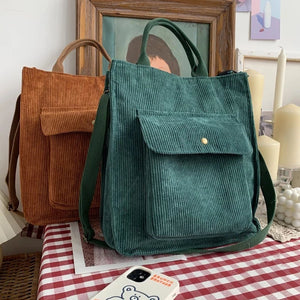 Vintage Corduroy Shoulder Bag Women Zipper Casual Tote Handbag