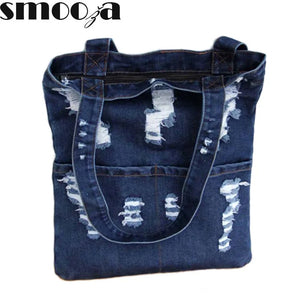 Light Denim Top Handle Zipper Bag with Front Pocket