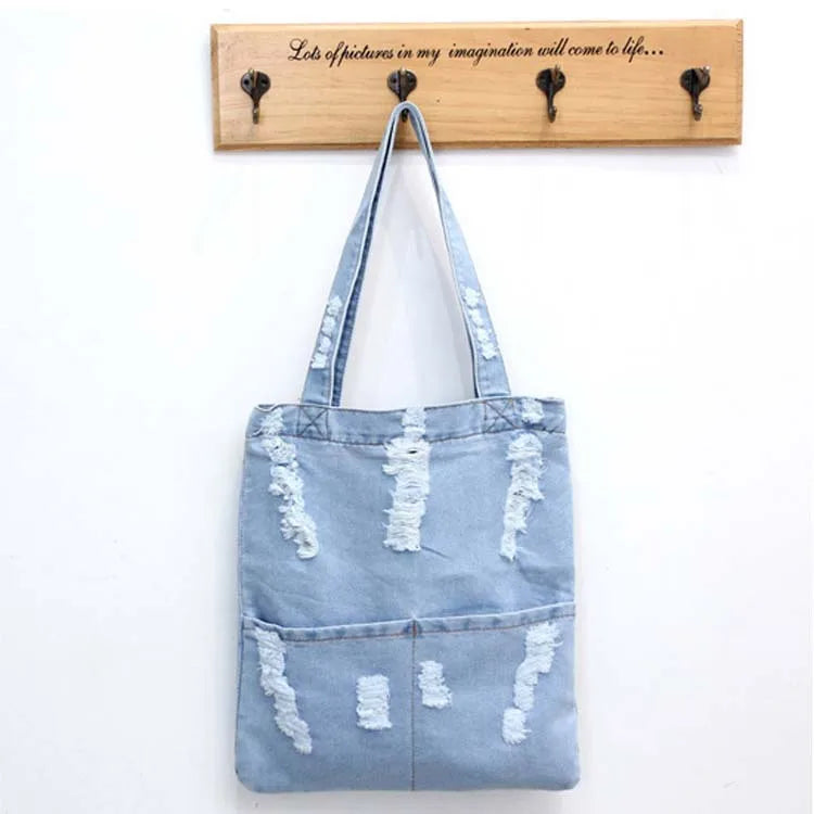 Light Denim Top Handle Zipper Bag with Front Pocket