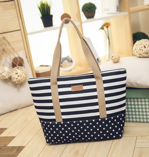 Striped Canvas Handbag Casual Shoulder Shopping Beach Bag Zip