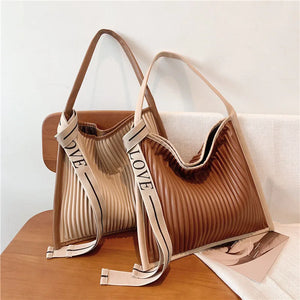 Casual Totes Bag Striped Leather Shoulder Handbags Large Capacity