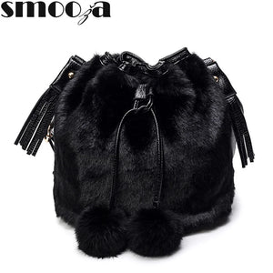 Leopard Fur Bucket Bag Women Handbag with Fur Ball