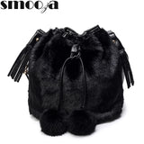Leopard Fur Bucket Bag Women Handbag with Fur Ball