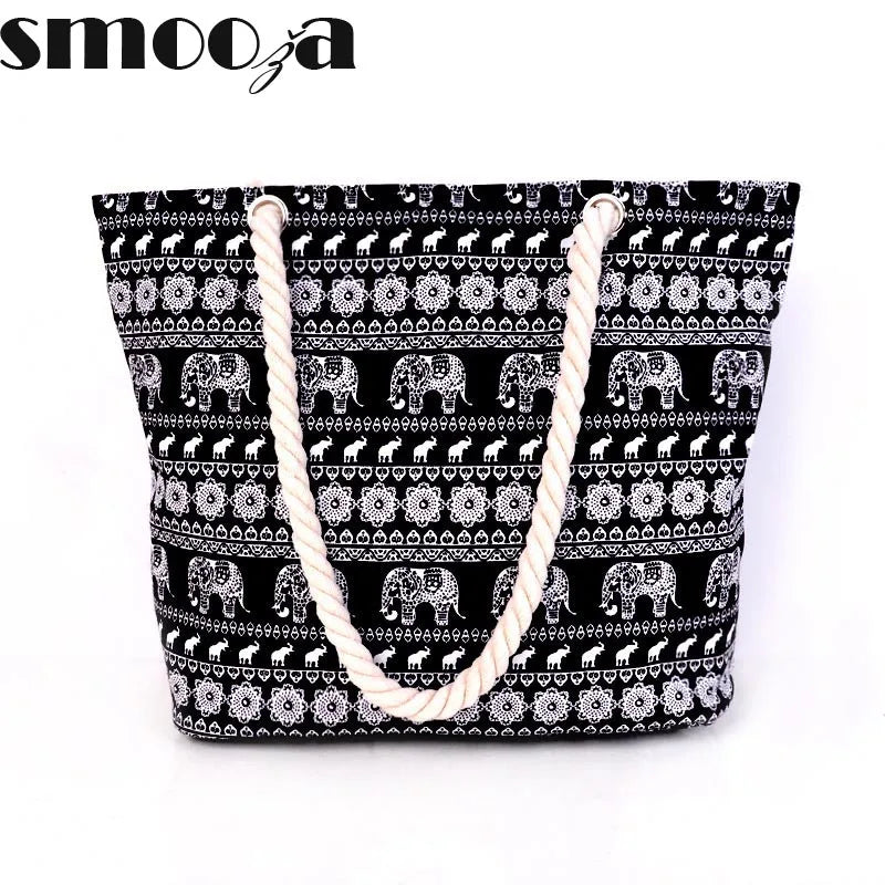 Animal Print Canvas Bags Women Elephant Print Shoulder Bags Big Capacity