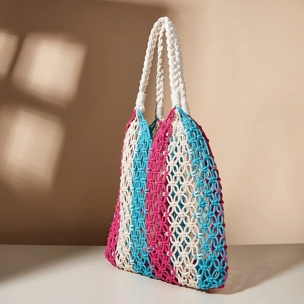 Colorful Cotton Rope Beach Bucket Bag for Women