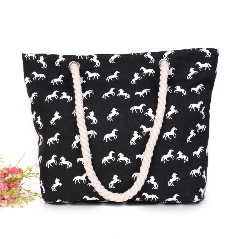 Canvas Horse Print Shoulder Bag Casual Sling Handbag