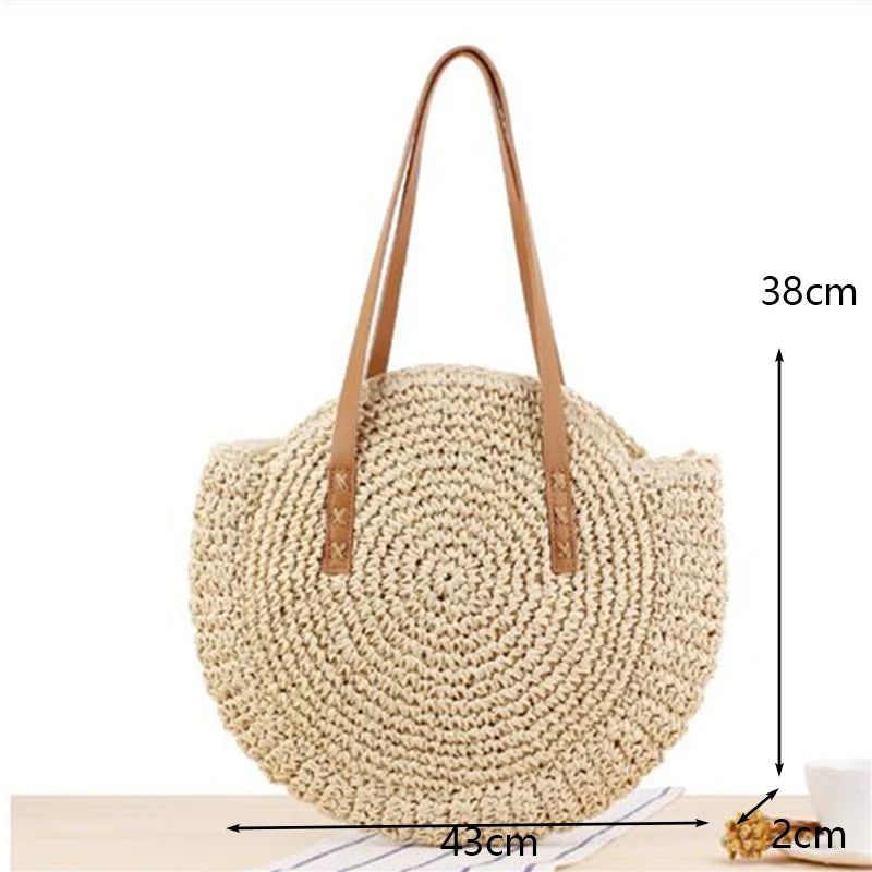 Straw Beach Bag Vintage Woven Rattan Circle Shoulder Bag