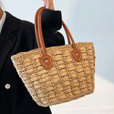 Straw Bucket Bag for Women Summer Weave Beach Basket Top Handle Handbags