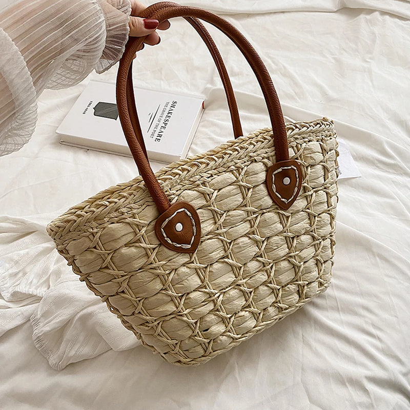 Straw Bucket Bag for Women Summer Weave Beach Basket Top Handle Handbags