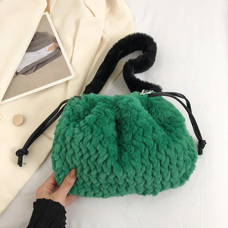 Winter Faux Fur Women Tote Bag Large Handbag Bucket Shoulder Bag