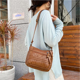 Women Large Capacity Multilayer Zipper Bag PU Leather Shoulder Handbag