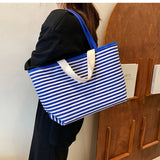 Striped Canvas Beach Bag with Pockets Waterproof Tote Bag