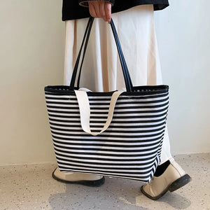 Striped Canvas Beach Bag with Pockets Waterproof Tote Bag