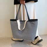 Striped Canvas Beach Bag with Pockets Waterproof Tote Bag