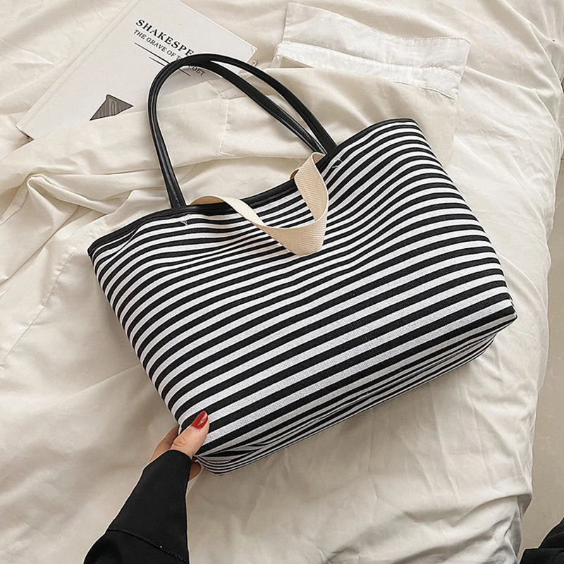 Striped Canvas Beach Bag with Pockets Waterproof Tote Bag