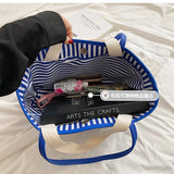 Striped Canvas Beach Bag with Pockets Waterproof Tote Bag