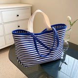 Striped Canvas Beach Bag with Pockets Waterproof Tote Bag