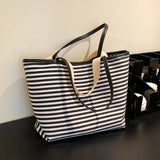 Striped Canvas Beach Bag with Pockets Waterproof Tote Bag
