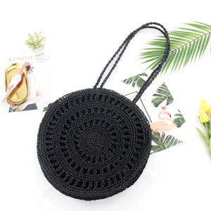 Womens Straw Hand-woven Round Shoulder Bag Bohemian Summer Straw Beach Bag