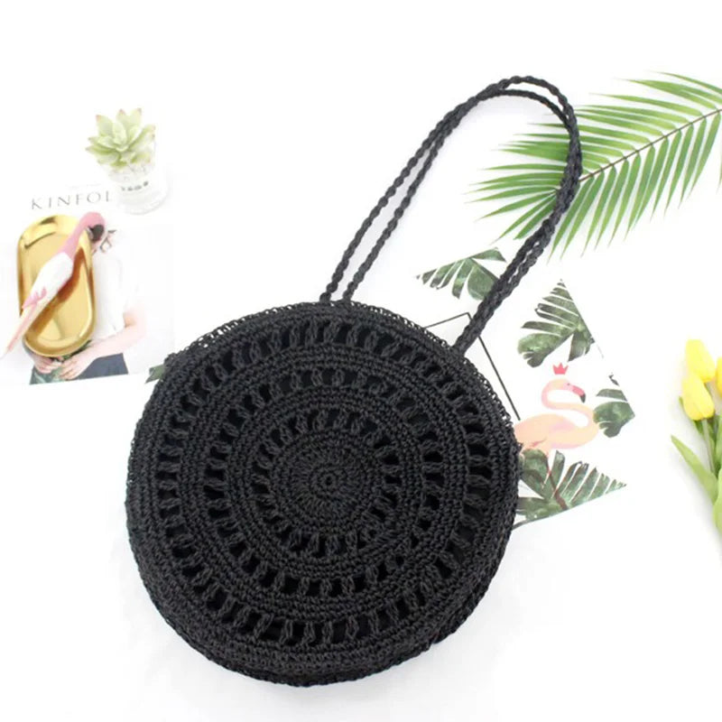 Womens Straw Hand-woven Round Shoulder Bag Bohemian Summer Straw Beach Bag