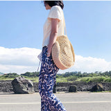 Womens Straw Hand-woven Round Shoulder Bag Bohemian Summer Straw Beach Bag