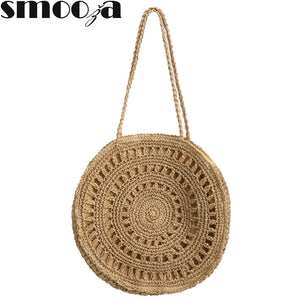 Womens Straw Hand-woven Round Shoulder Bag Bohemian Summer Straw Beach Bag