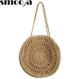 Womens Straw Hand-woven Round Shoulder Bag Bohemian Summer Straw Beach Bag