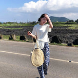 Womens Straw Hand-woven Round Shoulder Bag Bohemian Summer Straw Beach Bag