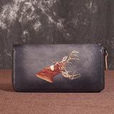 Vintage Leather Long Clutch Wallet with Animal Embossing