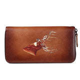 Vintage Leather Long Clutch Wallet with Animal Embossing
