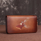 Vintage Leather Long Clutch Wallet with Animal Embossing