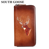 Vintage Leather Long Clutch Wallet with Animal Embossing
