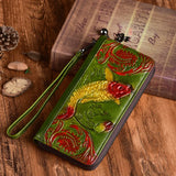 Classic Women Wallets Leather Embossed Golden Fish Zipper Wristlet Bag