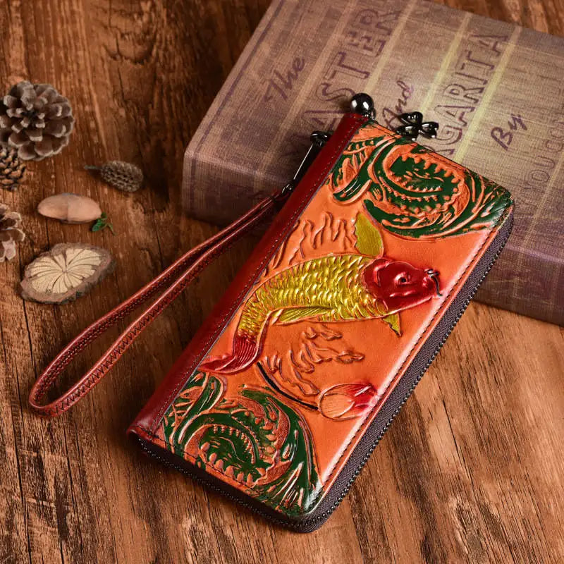 Classic Women Wallets Leather Embossed Golden Fish Zipper Wristlet Bag