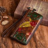 Classic Women Wallets Leather Embossed Golden Fish Zipper Wristlet Bag