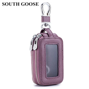 SOUTH GOOSE Leather Car Key Holder Double Zipper Men Women Key Wallet