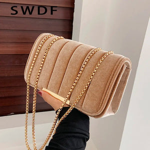 Vintage Velvet Shoulder Bag Small Satchel Crossbody Tote Golden