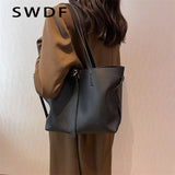 Vintage Women Soft Leather Tote Bags Set - 2pcs