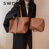 Vintage Women Soft Leather Tote Bags Set - 2pcs