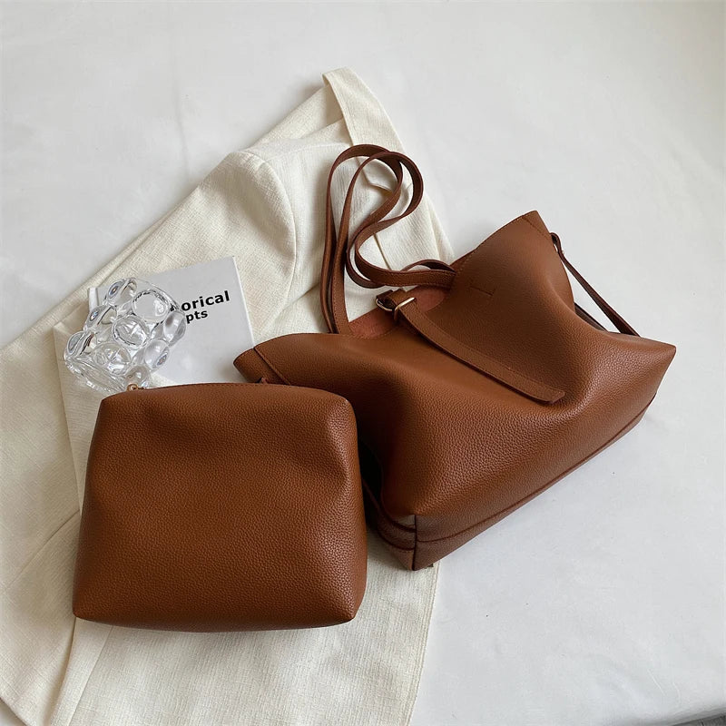 Vintage Women Soft Leather Tote Bags Set - 2pcs