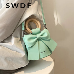 Wooden Handle Mini PU Leather Crossbody Side Bag Women Shoulder Handbag