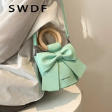 Wooden Handle Mini PU Leather Crossbody Side Bag Women Shoulder Handbag