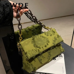 Canvas Tassel Crossbody Bag Winter Chain Handbag