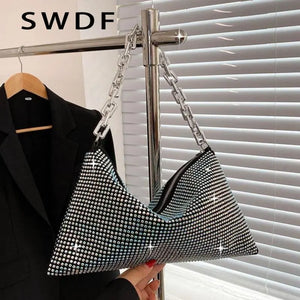 Diamonds Shoulder Bag Silver Evening Clutch Solid Small Flap Handbags