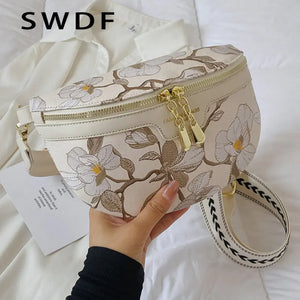Flower Print PU Leather Waist Bag for Women Chain Zipper Fanny Pack