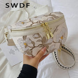Flower Print PU Leather Waist Bag for Women Chain Zipper Fanny Pack