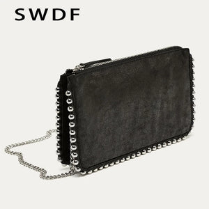 Matte Leather Lady Shoulder Bag with Chains Beading Women Crossbody Bags